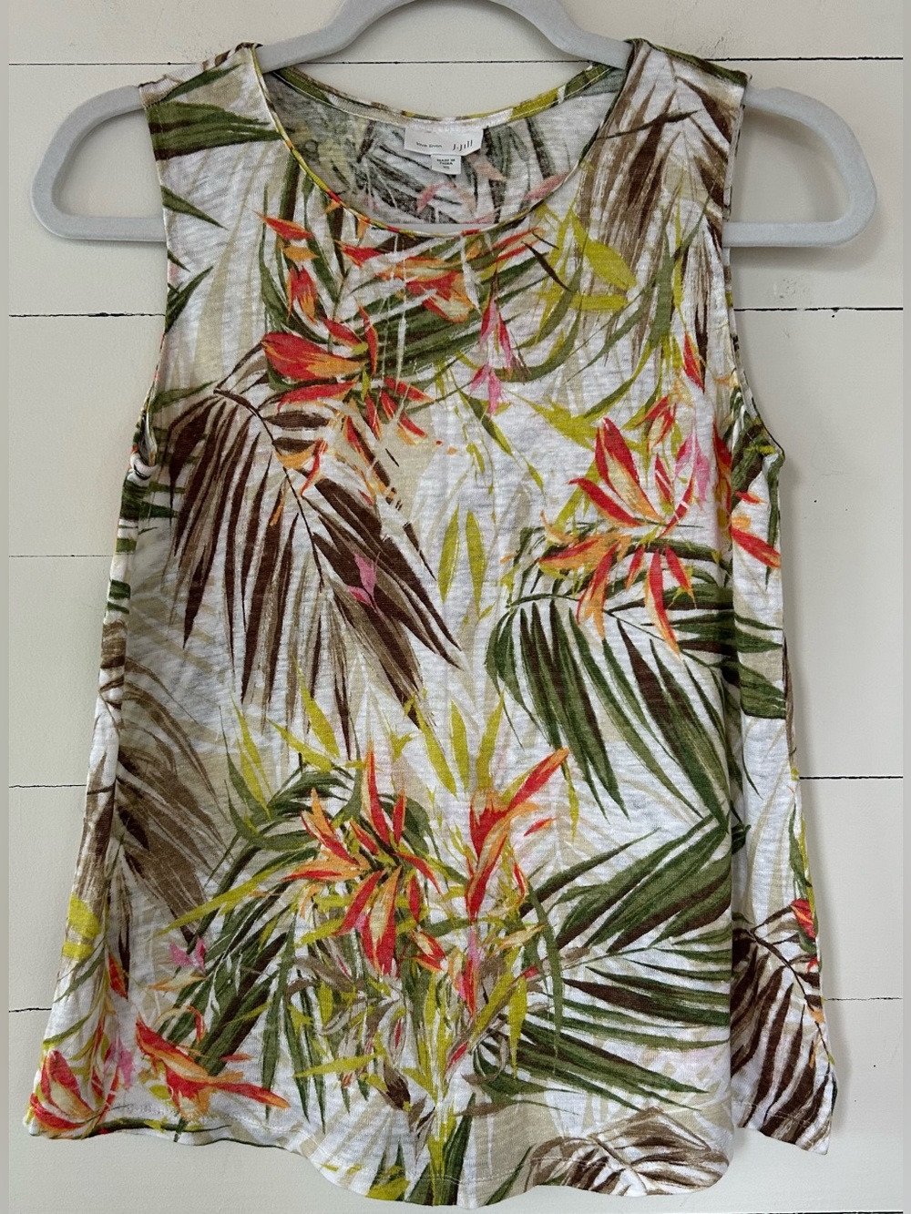 J Jill Sleeveless Tropical Print Linen Tank Top - White/Green, Size XS